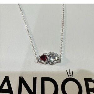 Pandora Silver Necklace with Red and Clear Heart Pendants